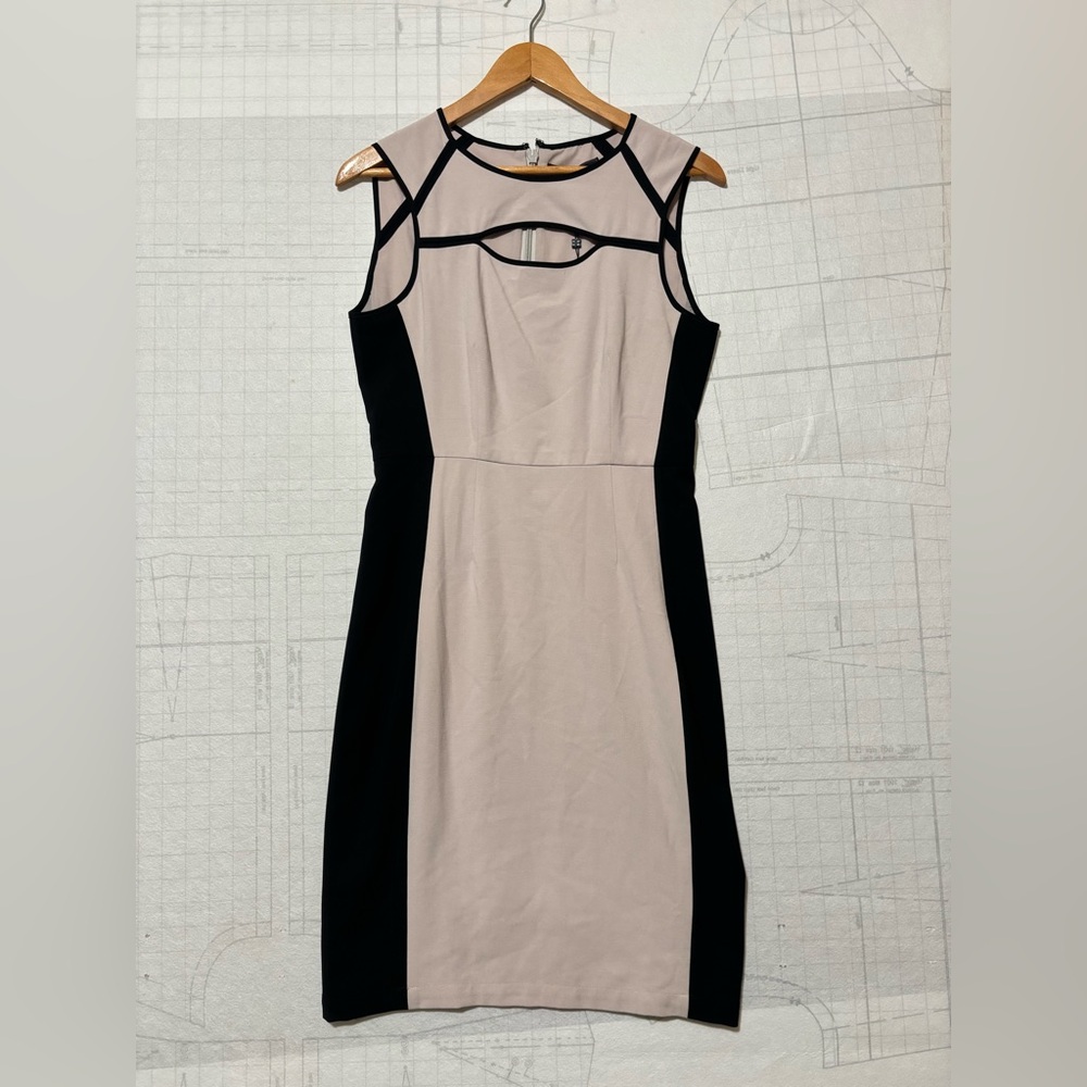 BCBGMaxaria Kelsee Pale Cream and Black Colorblock Cut- out Dress Size 8